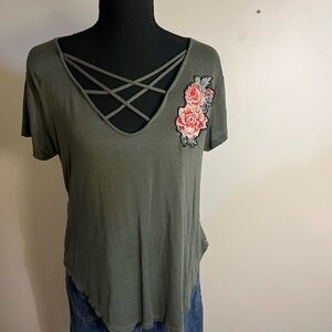 Rue 21 Olive Green Crisscross V-Neck Top with Floral Applique